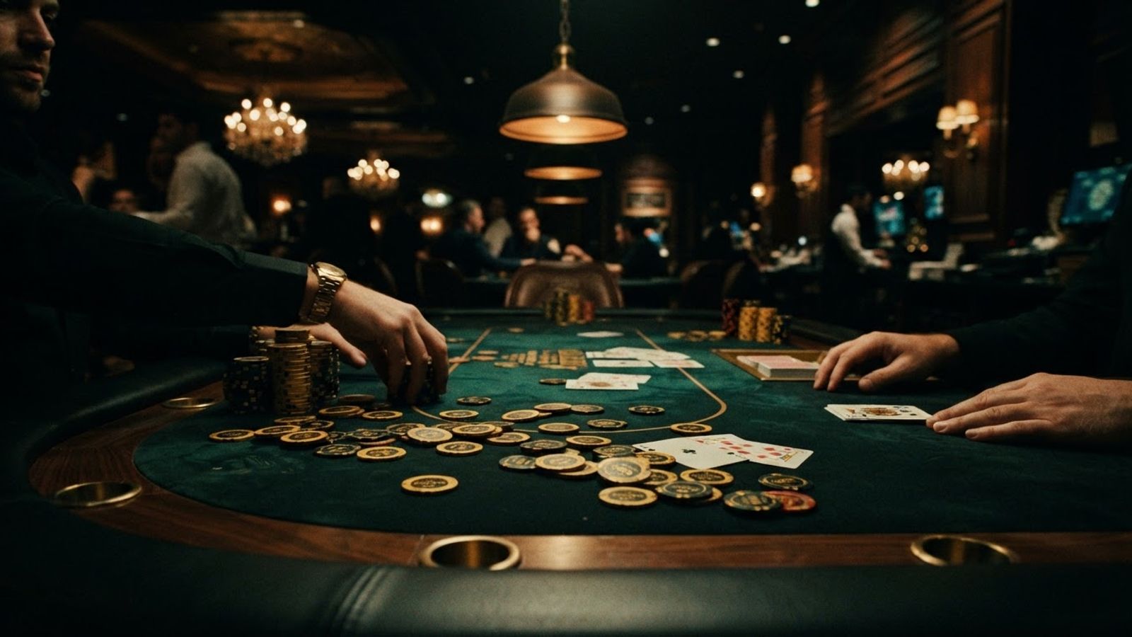 Table de casino avec cartes et jetons dorés