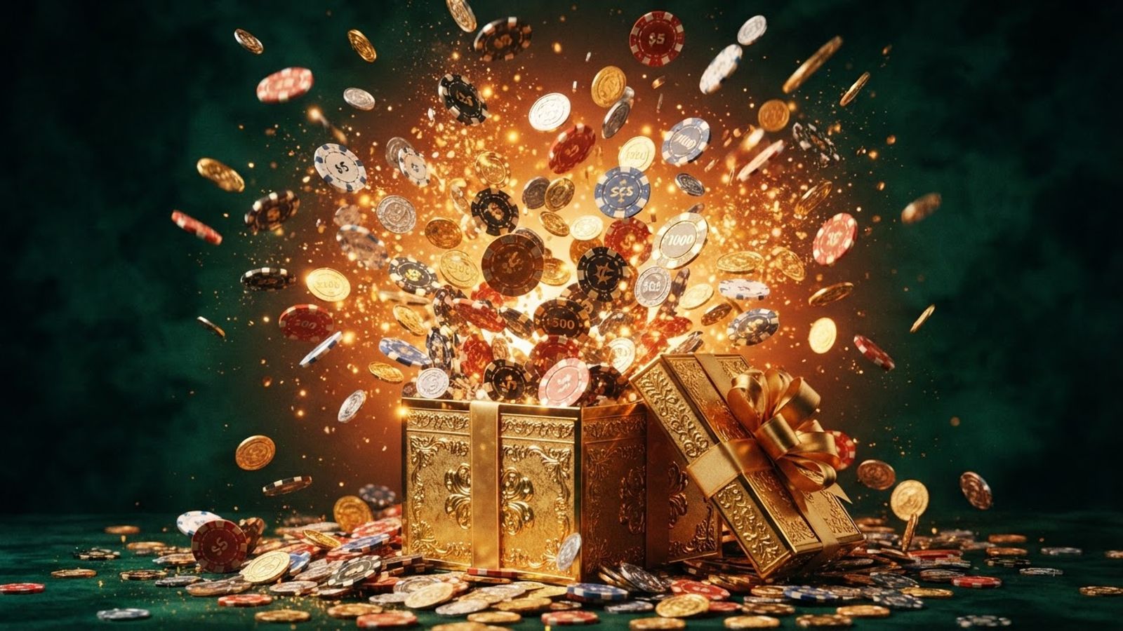 Cadeau doré avec jetons de casino émergeant