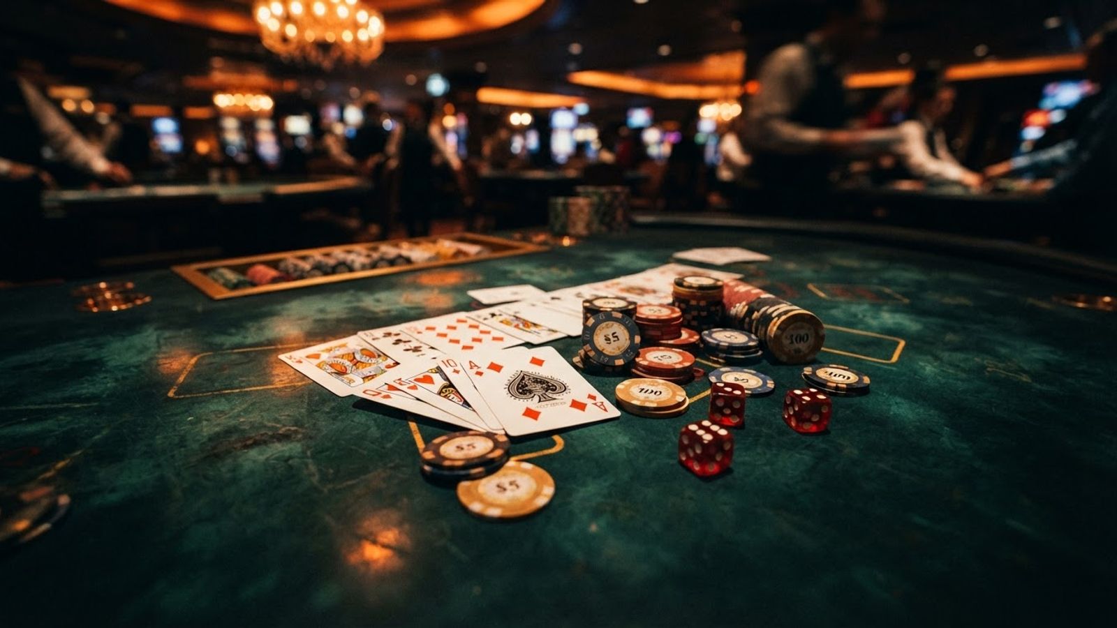 Cartes, dés et jetons sur une table de casino